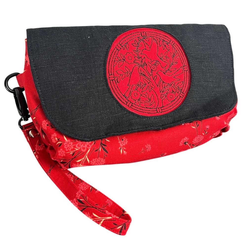 Handmade Red Floral Fabric Wristlet Clutch Embroidered Bird Black Flap Bag